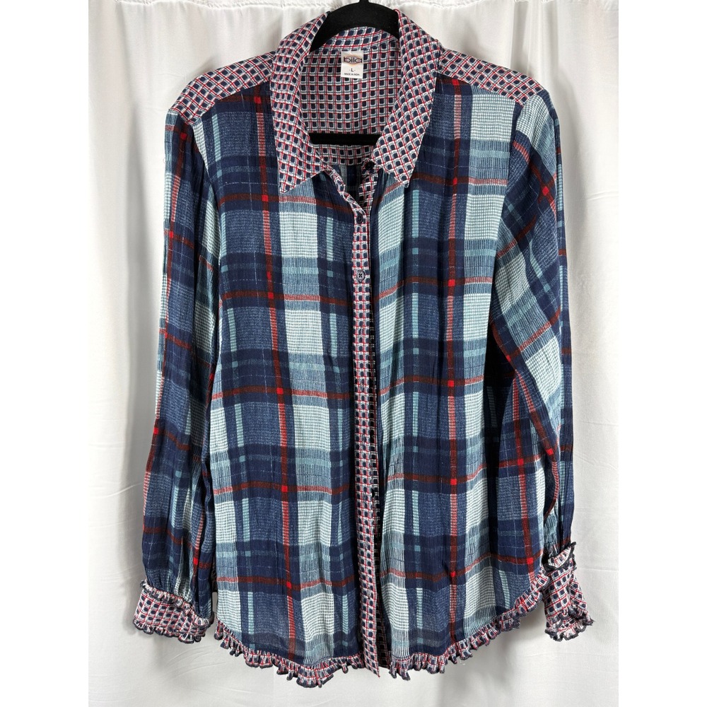 Bila Women's Plaid Long Sleeve Button Up Shirt Ruffle Trim Blue Red Large